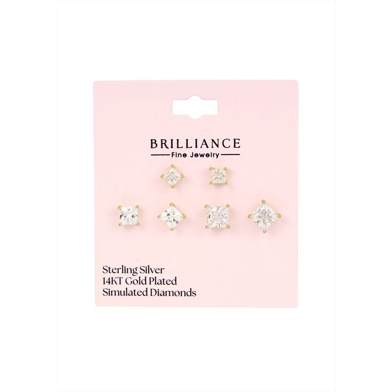 Simulated Diamond Earring Set - 14K Gold Plated Sterling Silver, Multiple Sizes