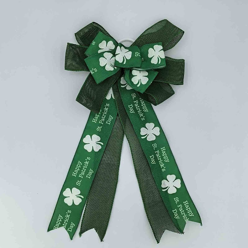 St Patrick's Day Bow for Wreath Decorations Large Burlap Green & White Glitter Shamrock