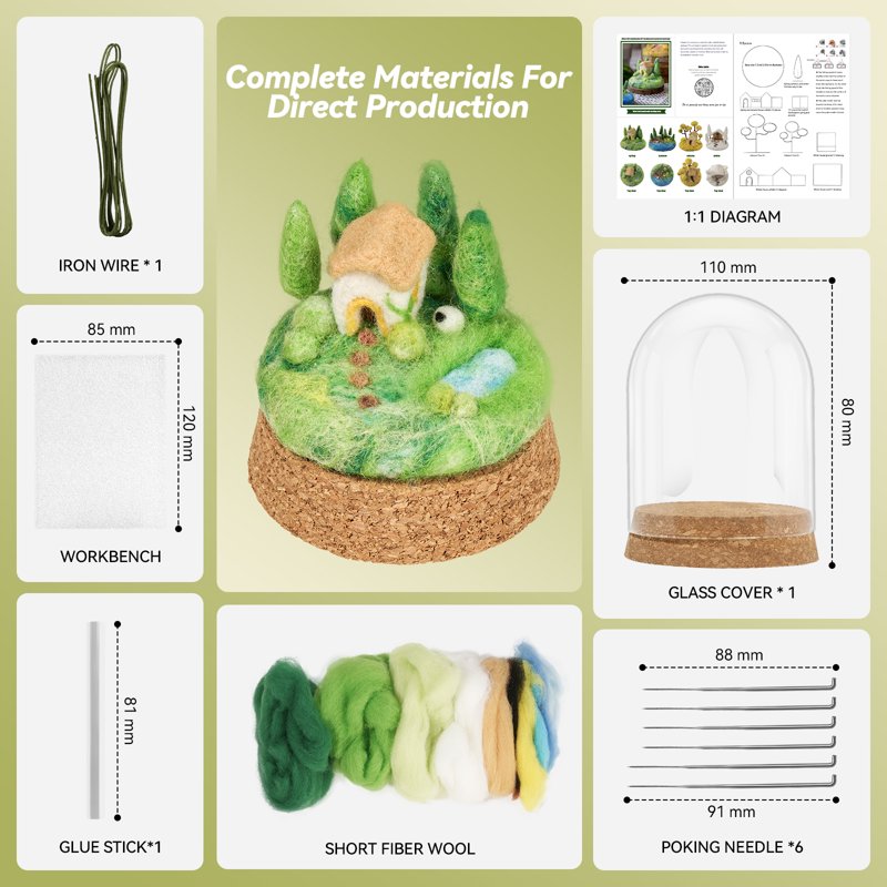 Seasonal Needle Felting Kit with Wool Roving & Glass Dome for Beginners