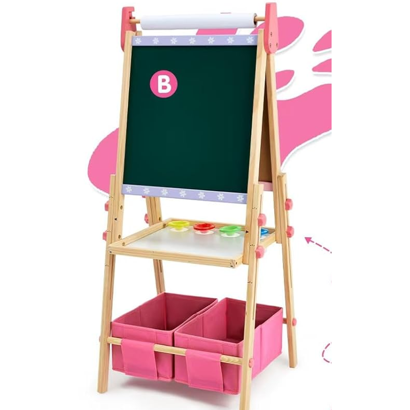 Kids Art Easel with Whiteboard & Chalkboard, Adjustable Wooden Dual-Sided Craft Station