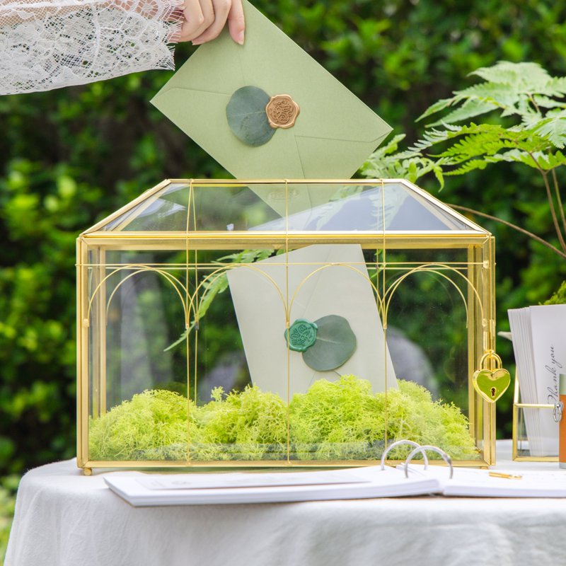 Glass Card Box with Lock and Slot for Weddings and Events - Gold, Silver, Black, Large or Small