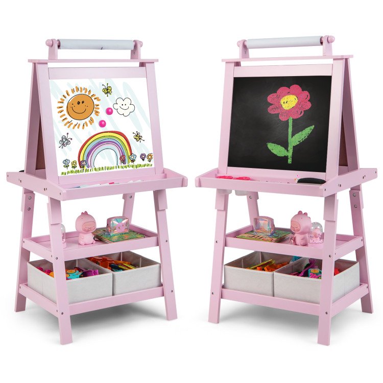 Kids Art Easel with Drawing Board & Paper Roll - 3-in-1 Double-Sided Craft Station for Study & Play