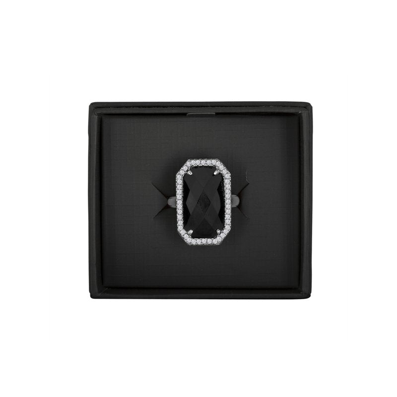 Black Onyx Silver-Tone Rectangular Fashion Ring for Women