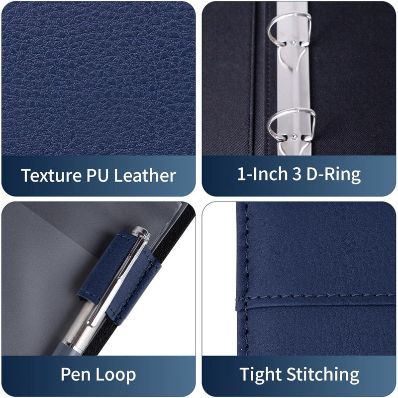 3 Ring Checkbook Binder with Zipper Pouch - Small PU Leather Organizer for Checks & Receipts, Navy Blue