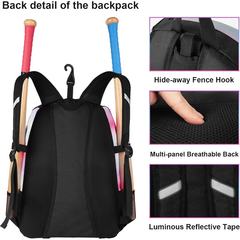 Lightweight Baseball Backpack with Shoe Compartment & Fence Hook for Girls