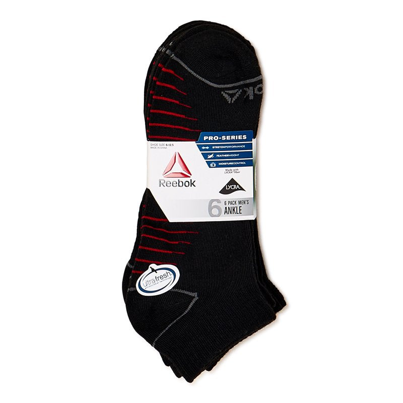 Reebok Pro Series Lightweight Ankle Socks - 6 Pack, Black & Red (6-12.5)