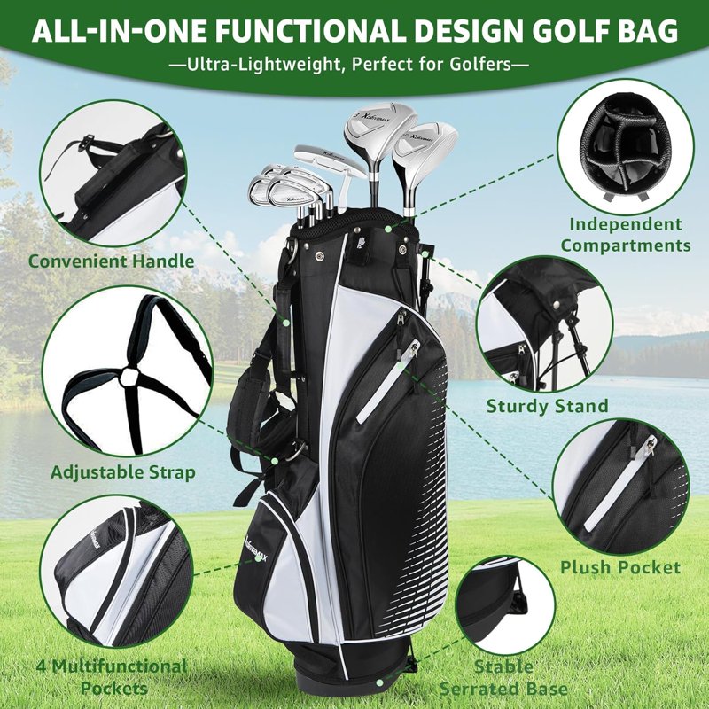 XDriveMax 8-Piece Right-Hand Golf Club Set for Men - Wood, Hybrid, Irons, Putter & Stand Bag (White) - Beginner Friendly