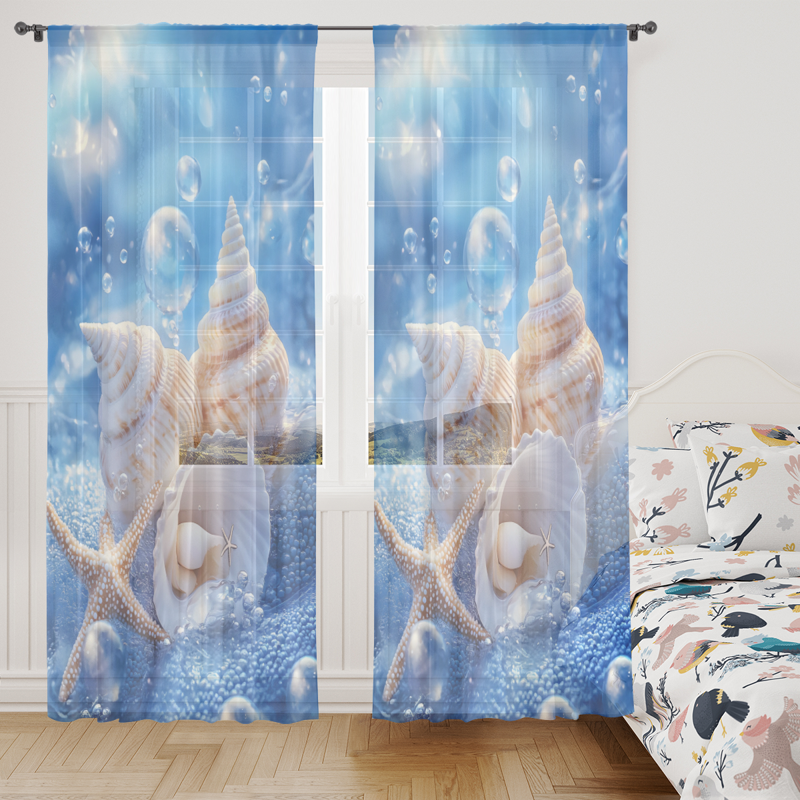 Starfish and Seashells Sheer Curtains 84 Inch Long 2 Panels Light Filtering Window Drapes