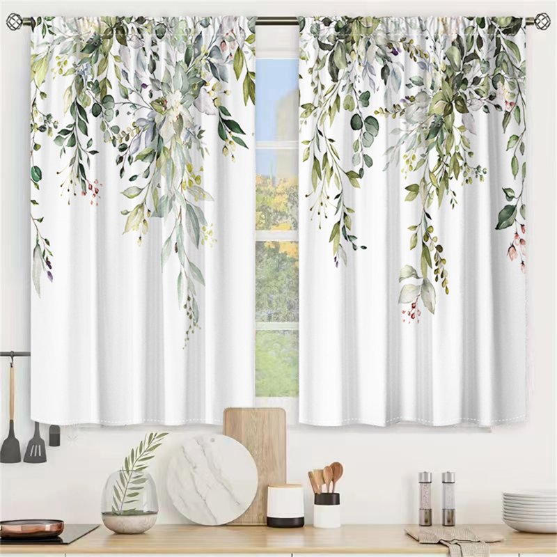 Green Leaf Pattern Light-Filtering Curtains Set of 2