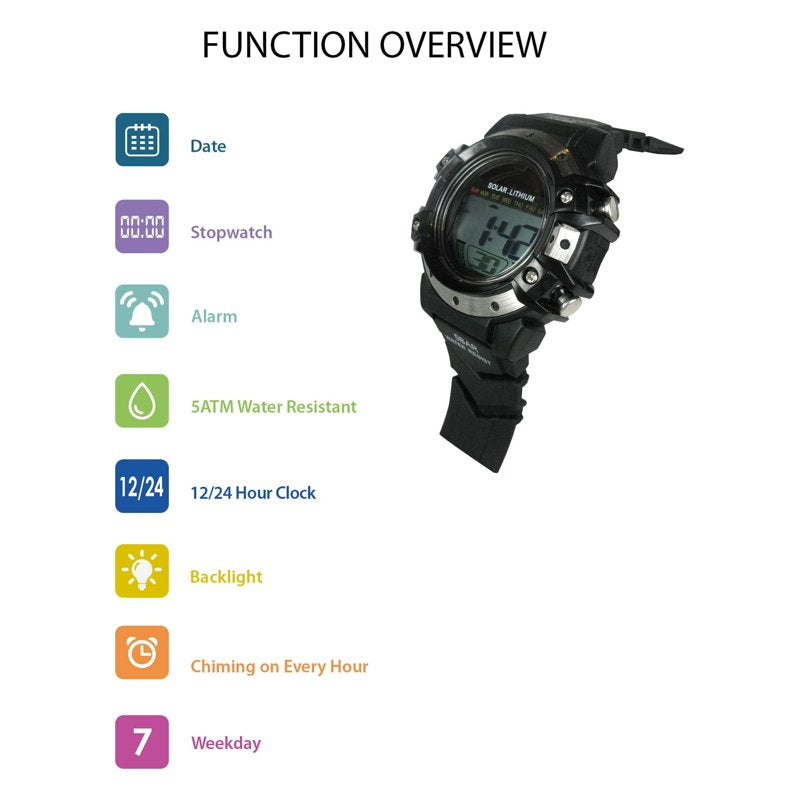 Men's Solar Digital Wristwatch with Stopwatch and Water Resistance
