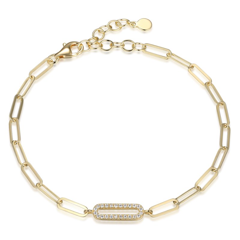 Gold & Silver CZ Oval Link Paperclip Bracelet 6.75" + 1.25" Extension