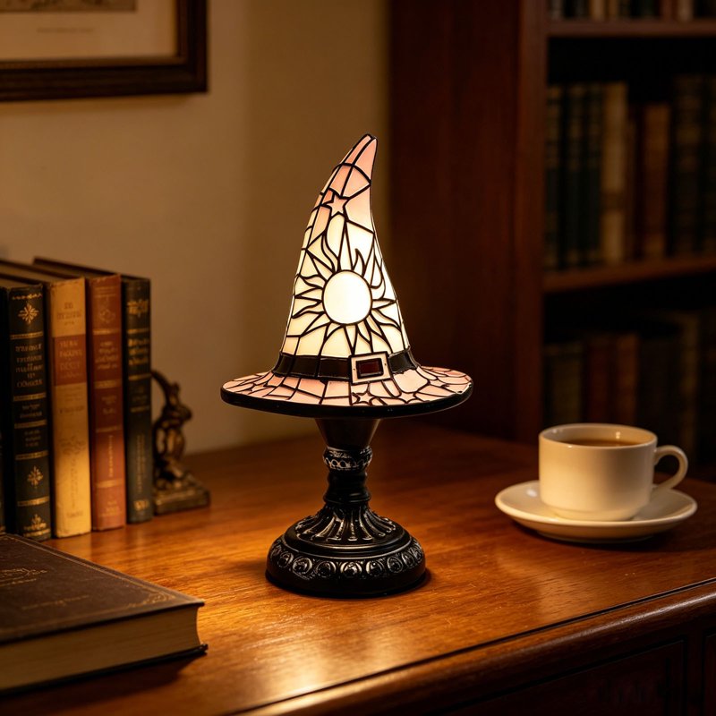 Table Lamp - Stained Glass Witch Hat Night Light, 7in Handcrafted Resin Décor (Variation: S(7in)L)