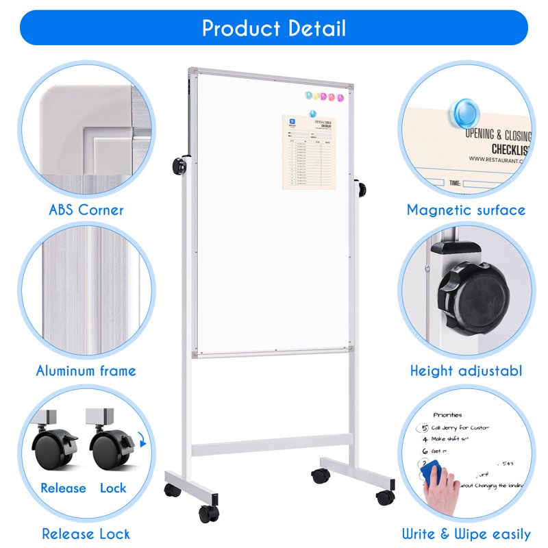 Adjustable Magnetic Whiteboard on Wheels - 48 x 24 Double-Sided Mobile Easel for Office & Classroom