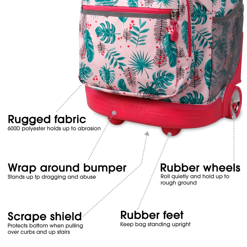 Girls 18-Inch Rolling Backpack with Wheels for School & Travel - Palm Leaves Pattern