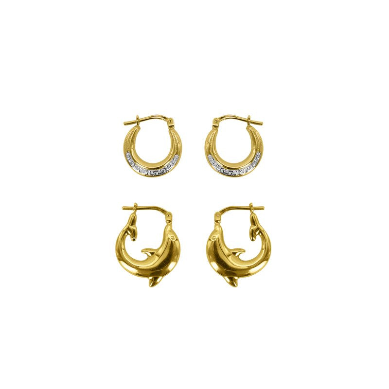 Sterling Silver Gold-Plated Dolphin & Greek Key Hoop Earrings - Hypoallergenic, 14mm & 16mm