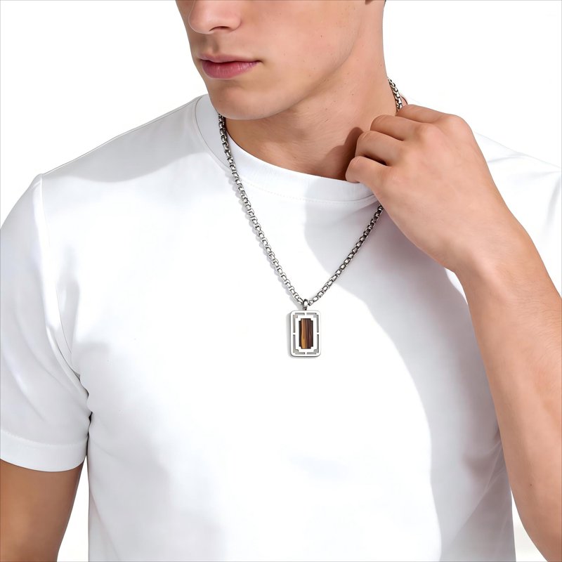 Men's Tiger Eye Pendant Necklace Stainless Steel Natural Gemstone Jewelry