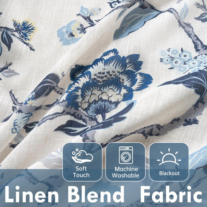 Thermal Insulated Linen Blend Blackout Window Curtains Set of 2 - Floral Botanical Pattern