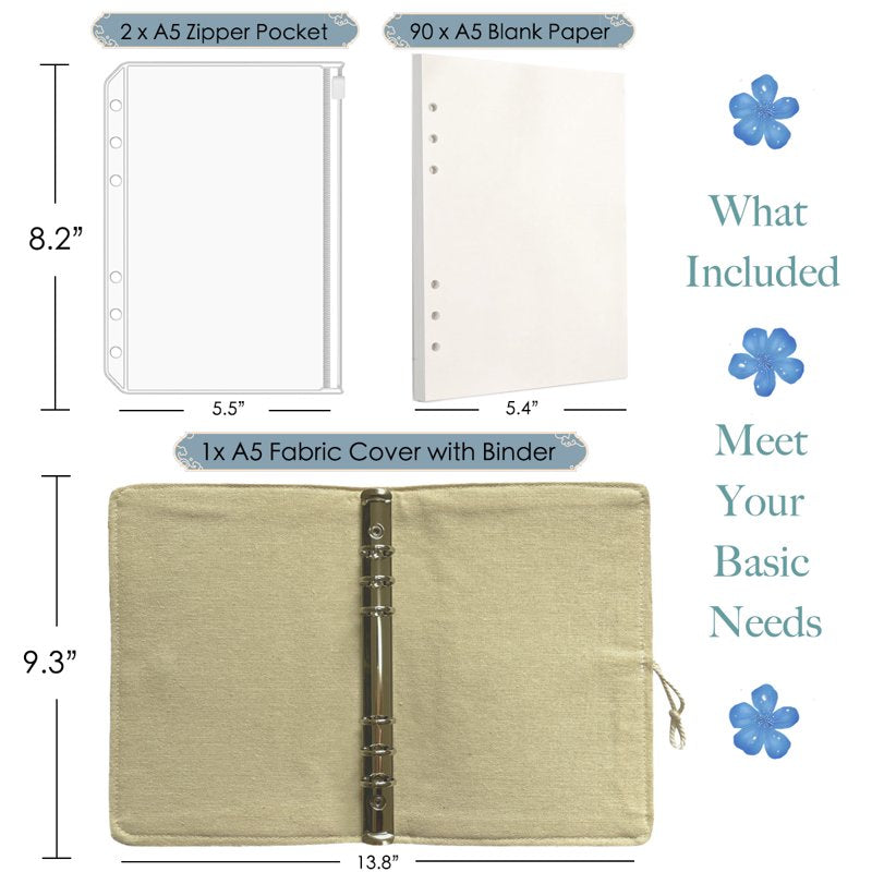Refillable A5 Flower Embroidered Journal with Pen Loop and Pockets