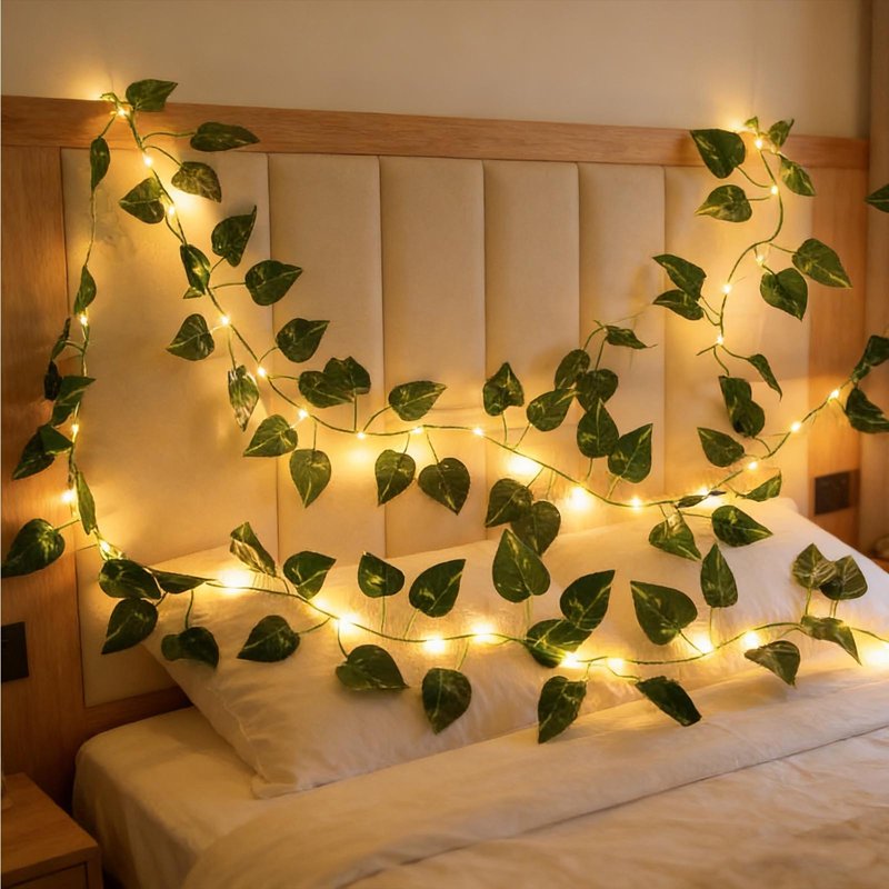 Solar Leaf Curtain String Lights 16.4 Ft Outdoor Waterproof Ivy Vines for Garden Patio Balcony Wall Decor