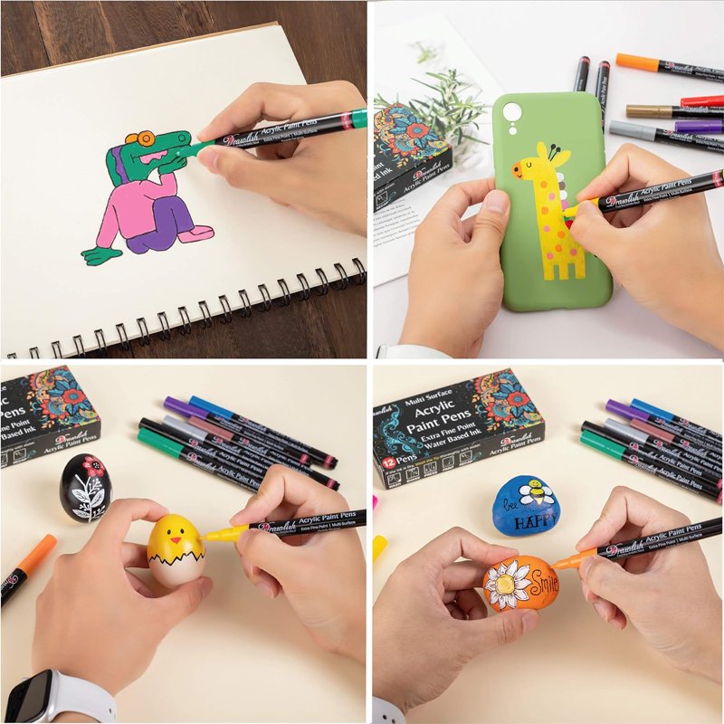Acrylic Paint Pens Set of 12 - Fine Tip Markers for Rock, Ceramic, Fabric & DIY Art