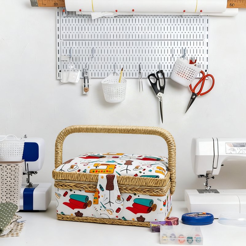 Portable Wooden Sewing Basket with Removable Tray & Accessories