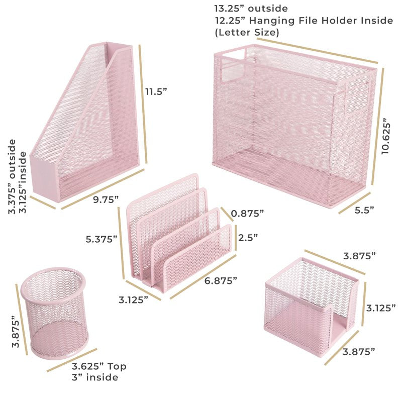 Pink Office Desk Organizer Set - 5 Piece Cubicle & Home Office Storage