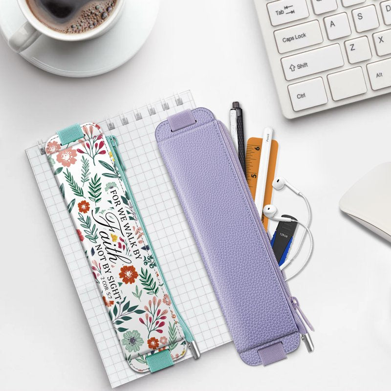 Elastic Pen Holder for Notebooks - Leather Pencil Pouch with Zipper & Elastic Band