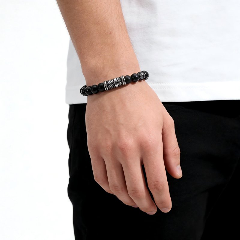 Men's Black Onyx Bead Bracelet with Stainless Steel Accent