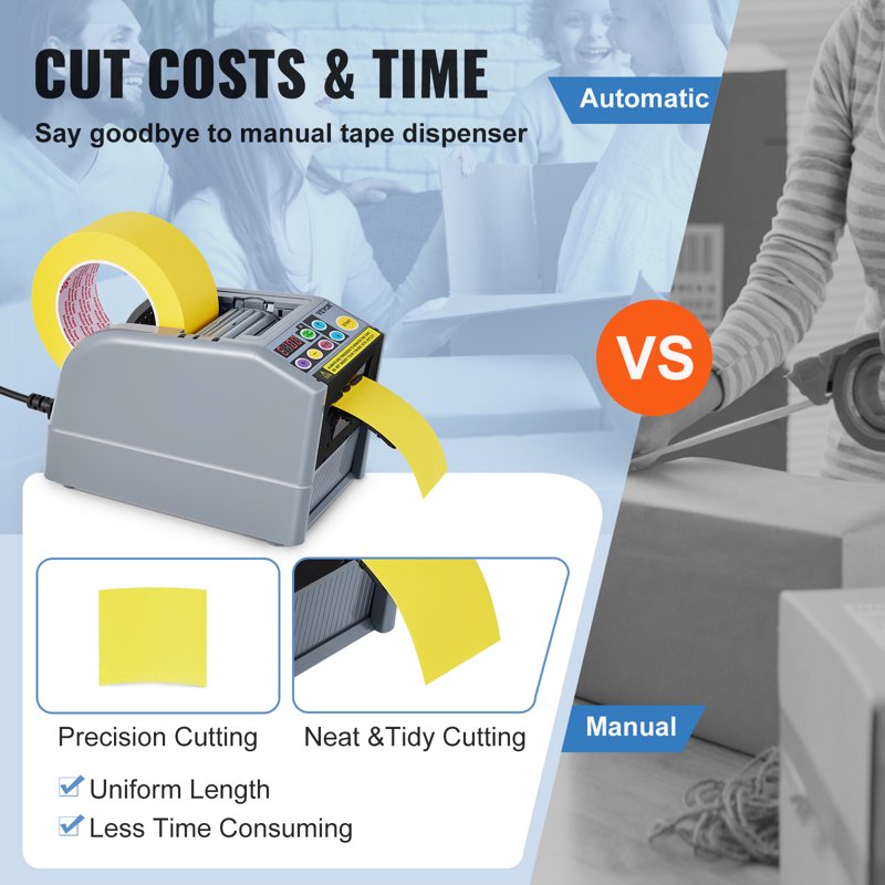 Electric Tape Dispenser Automatic & Manual Dual Mode, 6 Preset Lengths, Cuts Two Tapes Up to 60mm Wide