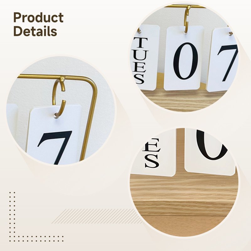 Flip Wooden Perpetual Desk Calendar with Gold Metal Frame - Modern Home Office Decor