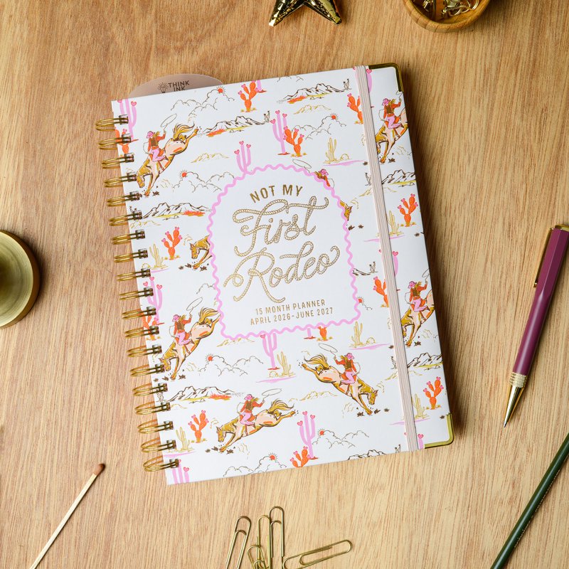 15-Month Weekly Twin Wire Planner with Rodeo Cover, Gold Accents, April 2026 - June 2027