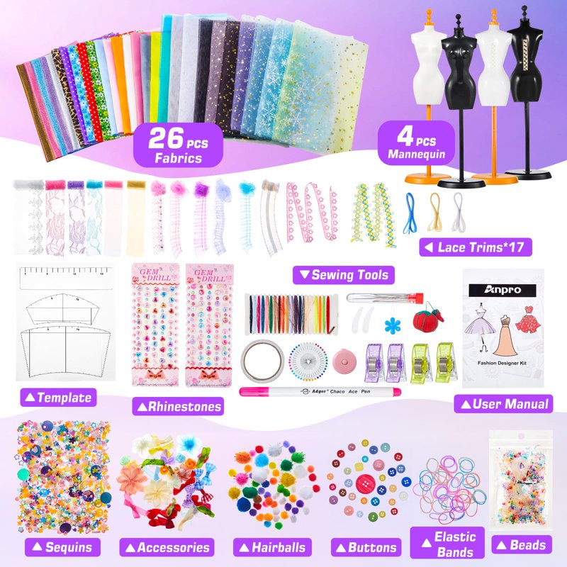 Kids Fashion Designer Craft Kit with Mannequins Sewing Supplies & Accessories