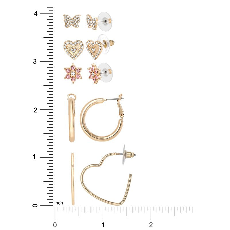 Women’s Heart and Butterfly Earrings Set - 5 Pairs Gold-Tone Jewelry Gift