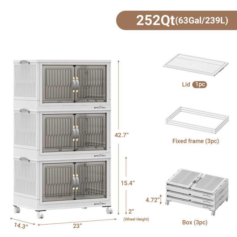 Stackable Plastic Storage Bins with Lid - Collapsible Closet Organizers, Wheels & Front Doors, 3-Pack