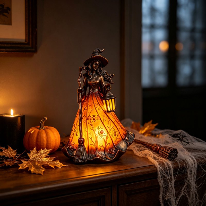 Halloween Witch Figurine Lamp with Broom, Resin Night Light - USB Powered Tabletop Decor (Variation E)
