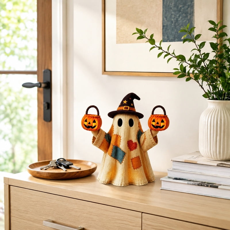 Patchwork Ghost with Pumpkin Figurine - Resin Halloween Ornament (Variation: Patchwork GB)
