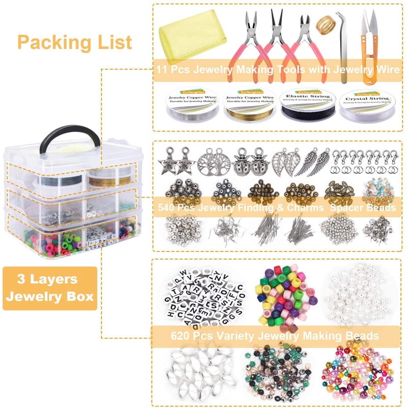 DIY Jewelry Making Kit for Beginners - Beads, Metal Accessories & Tools, 1366 Pieces