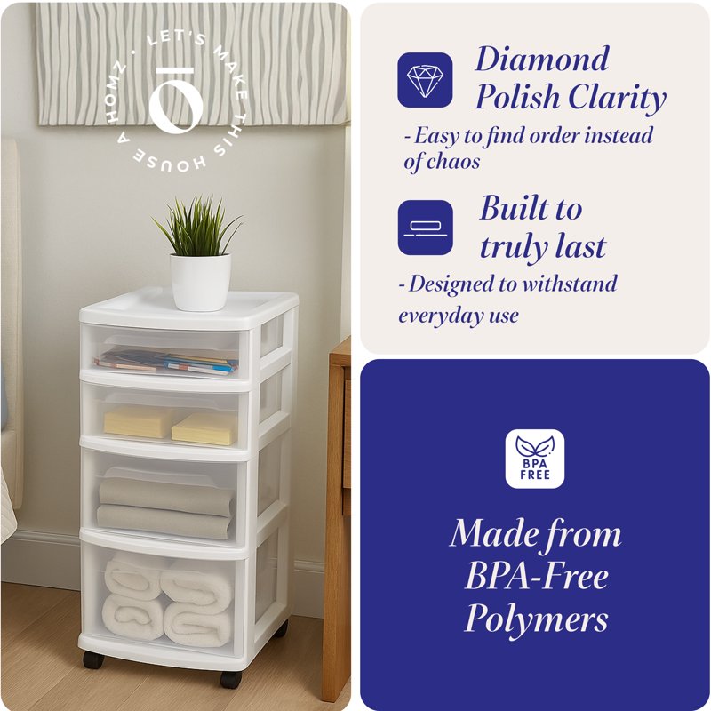 4-Drawer Clear Plastic Storage Tower with Wheels - Home Organization