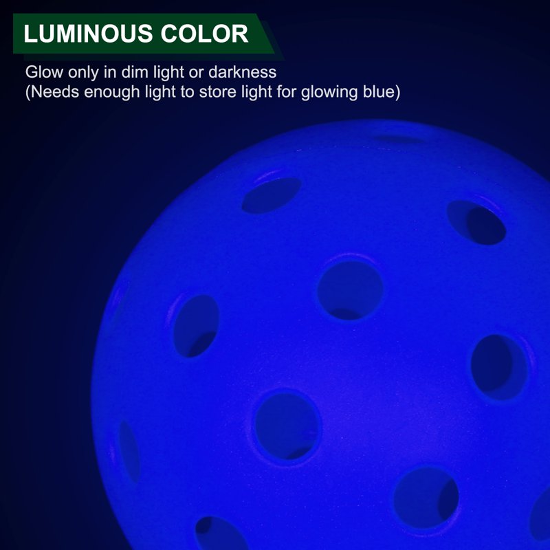 Blue Luminous Pickleball Balls 6 Pack — Glow in the Dark, 40 Holes, Mesh Bag
