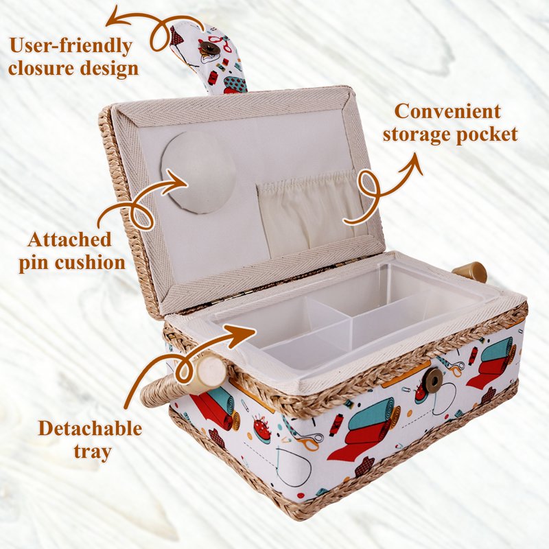 Portable Wooden Sewing Basket with Removable Tray & Accessories
