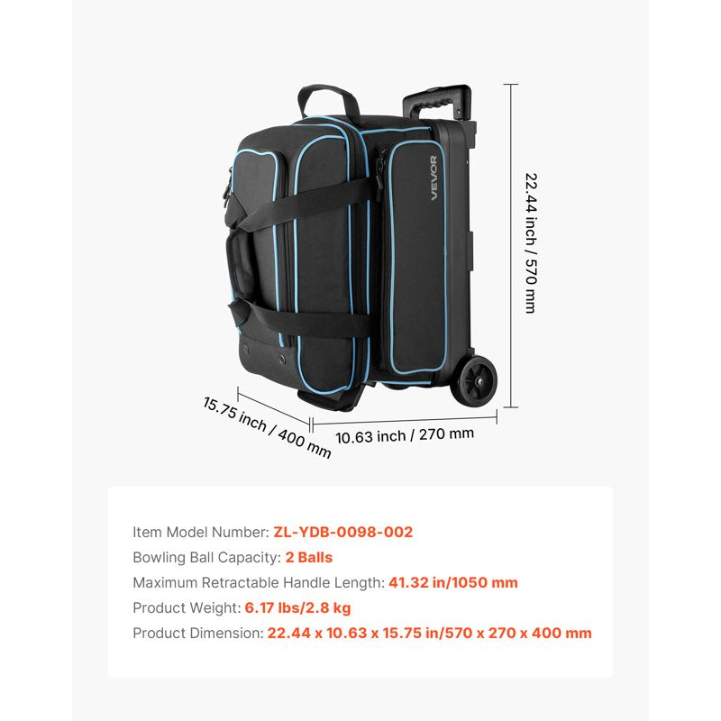 Bowling Ball Bag with Wheels - Double Roller with Shoe Compartment & Extra Pocket