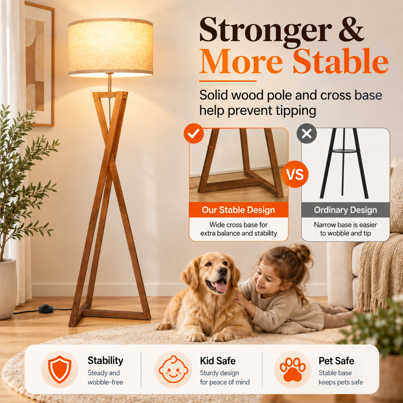 Wood Tripod Floor Lamp with Shelves, Dimmable Standing Lamp with Remote, Modern Walnut or Black Finish