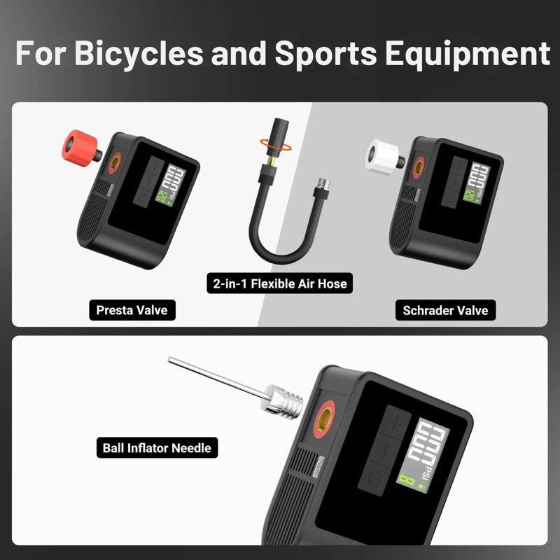 Portable Electric Bike Pump 120 PSI with Digital Gauge & USB-C Rechargeable