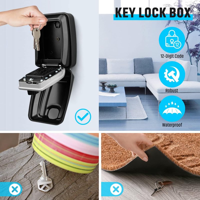 Waterproof Wall Mount Key Lock Box for Outdoor Security, 12-Digit Combination