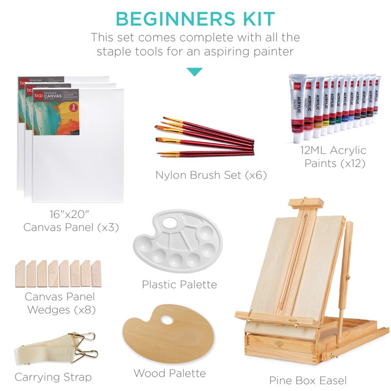 Portable Adjustable Art Easel with 32-Piece Painting Set - Natural