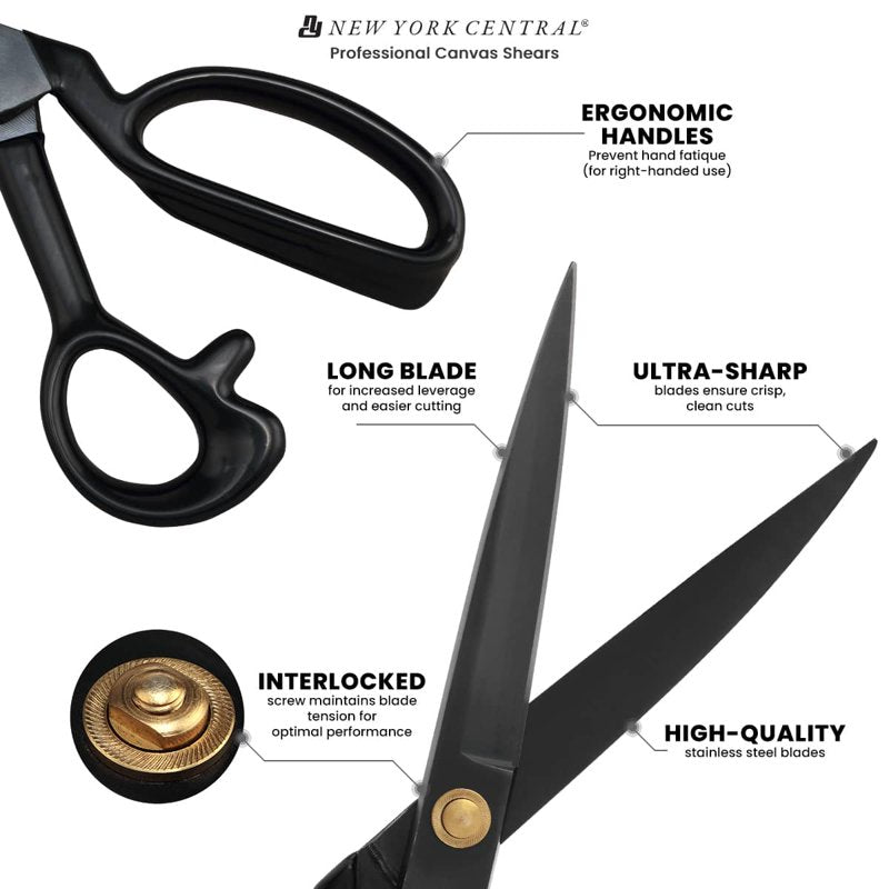 New York Central Professional Canvas Fabric Shears -10" Fabric Scissors, Ergonomic Right-Handed Sewing Scissors for Fabric Cutting, Rust-Free Stainless Steel Blade for Tailors, Artists, and Upholstery