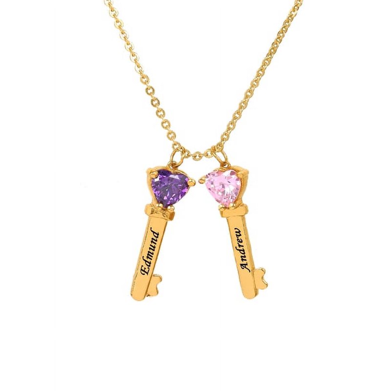 Personalized Family Key-Shaped Charm Pendant with Heart Birthstones