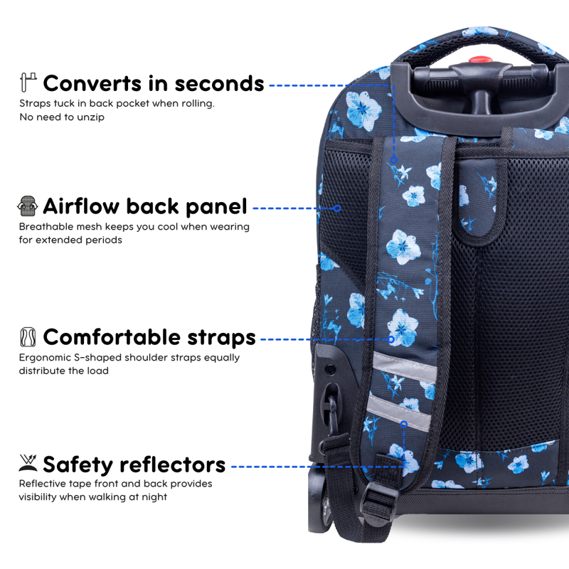Girls 18-Inch Rolling Backpack for School and Travel - Night Bloom