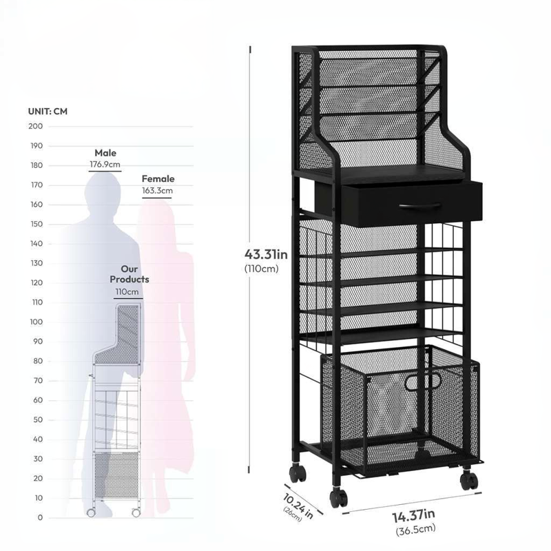 10-Tier Mesh File Cart with Lockable Wheels and Drawers - Black Office Organizer