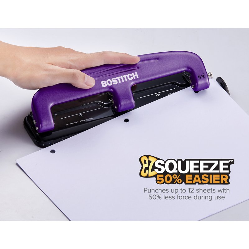 Office Hole Puncher 12 Sheet Capacity with EZ Squeeze Technology - Metal Construction